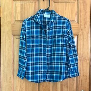 Boy’s size 10-12 new with tags Old Navy blue and white plaid button up shirt